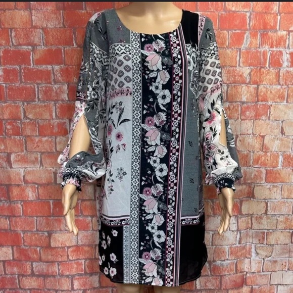 Maurices  Pink & Black and Gray Floral Slit Sleeve Shift Dress   Size M - Picture 5 of 16